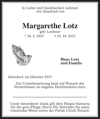 Traueranzeige von Margarethe Lotz von Giessener Allgemeine, Alsfelder Allgemeine