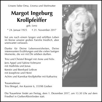 Traueranzeige von Margot Ingeburg Krollpfeiffer von Giessener Allgemeine, Alsfelder Allgemeine