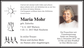Traueranzeige von Maria Mohr von Wetterauer Zeitung, Wetterauer Zeitung