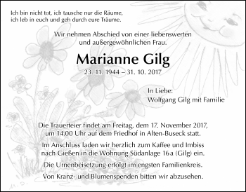 Traueranzeige von Marianne Gilg von Giessener Allgemeine, Alsfelder Allgemeine