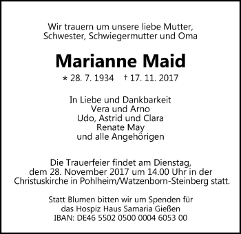 Traueranzeige von Marianne Maid von Giessener Allgemeine, Alsfelder Allgemeine