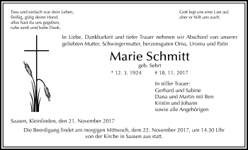 Traueranzeige von Marie Schmitt von Giessener Allgemeine, Alsfelder Allgemeine