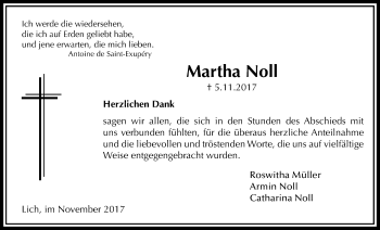 Traueranzeige von Martha Noll von Licher Wochenblatt, Licher Wochenblatt, Licher Wochenblatt