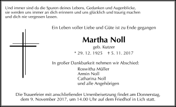Traueranzeige von Martha Noll von Giessener Allgemeine, Alsfelder Allgemeine