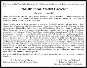 Traueranzeige von Martin Greschat von Giessener Allgemeine, Alsfelder Allgemeine