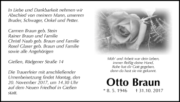 Traueranzeige von Otto Braun von Giessener Allgemeine, Alsfelder Allgemeine