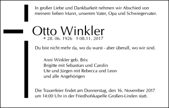 Traueranzeige von Otto Winkler von Giessener Allgemeine, Alsfelder Allgemeine