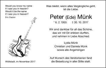 Traueranzeige von Peter Münk von Wetterauer Zeitung, Wetterauer Zeitung