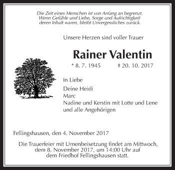 Traueranzeige von Rainer Valentin von Giessener Allgemeine, Alsfelder Allgemeine