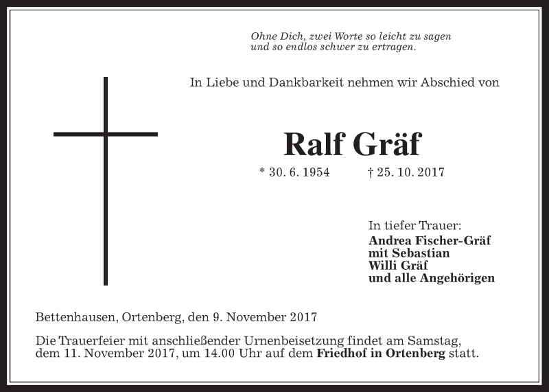  Traueranzeige für Ralf Gräf vom 09.11.2017 aus Wetterauer Zeitung, Wetterauer Zeitung