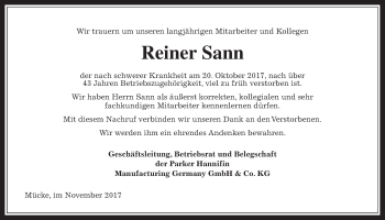 Traueranzeige von Reiner Sann von Alsfelder Allgemeine