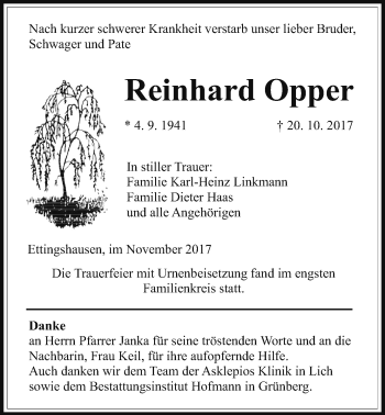 Traueranzeige von Reinhard Opper von Giessener Allgemeine, Alsfelder Allgemeine