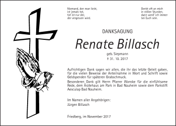 Traueranzeige von Renate Billasch von Wetterauer Zeitung, Wetterauer Zeitung
