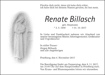 Traueranzeige von Renate Billasch von Wetterauer Zeitung, Wetterauer Zeitung