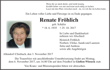 Traueranzeige von Renate Fröhlich von Giessener Allgemeine, Alsfelder Allgemeine