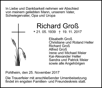 Traueranzeige von Richard Groß von Giessener Allgemeine, Alsfelder Allgemeine