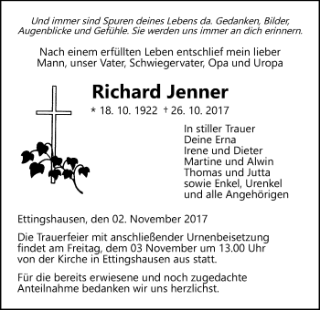Traueranzeige von Richard Jenner von Licher Wochenblatt, Licher Wochenblatt, Licher Wochenblatt