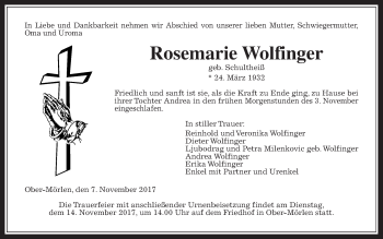 Traueranzeige von Rosemarie Wolfinger von Wetterauer Zeitung, Wetterauer Zeitung
