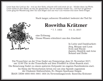 Traueranzeige von Roswitha Krätzner von Giessener Allgemeine, Alsfelder Allgemeine