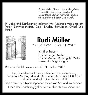 Traueranzeige von Rudi Müller von Giessener Allgemeine, Alsfelder Allgemeine
