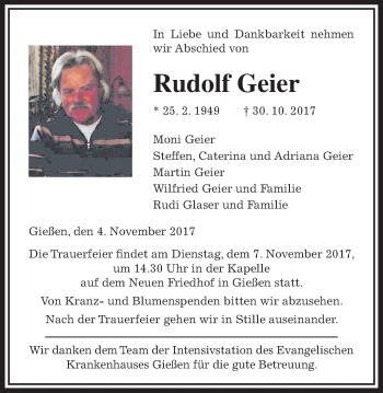 Traueranzeige von Rudolf Geier von Giessener Allgemeine, Alsfelder Allgemeine