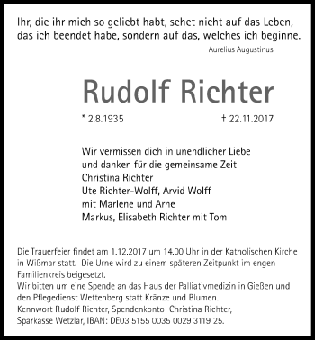 Traueranzeige von Rudolf Richter von Giessener Allgemeine, Alsfelder Allgemeine