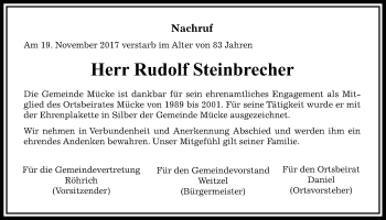 Traueranzeige von Rudolf Steinbrecher von Mücker Stimme