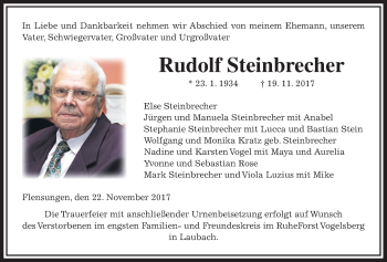 Traueranzeige von Rudolf Steinbrecher von Alsfelder Allgemeine