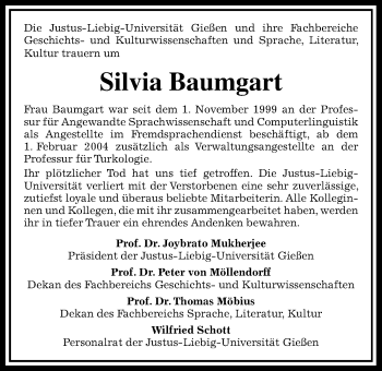 Traueranzeige von Silvia Baumgart von Giessener Allgemeine, Alsfelder Allgemeine