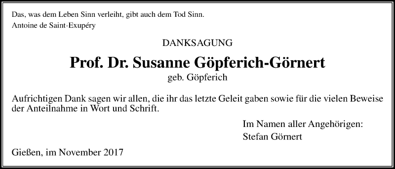  Traueranzeige für Susanne Göpferich-Görnert vom 25.11.2017 aus Giessener Allgemeine, Alsfelder Allgemeine