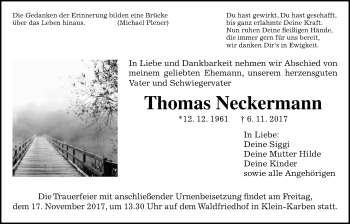 Traueranzeige von Thomas Neckermann von Wetterauer Zeitung, Wetterauer Zeitung