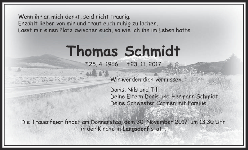  Traueranzeige für Thomas Schmidt vom 28.11.2017 aus Giessener Allgemeine, Alsfelder Allgemeine, Giessener Allgemeine, Alsfelder Allgemeine