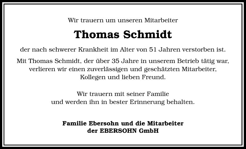 Traueranzeige für Thomas Schmidt vom 30.11.2017 aus Giessener Allgemeine, Alsfelder Allgemeine