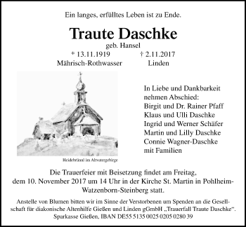 Traueranzeige von Traute Daschke von Pohlheimer Nachrichten