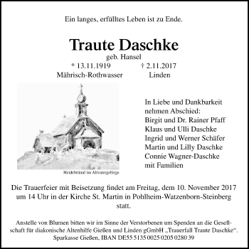 Traueranzeige von Traute Daschke von Giessener Allgemeine, Alsfelder Allgemeine