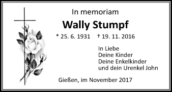 Traueranzeige von Wally Stumpf von Giessener Allgemeine, Alsfelder Allgemeine