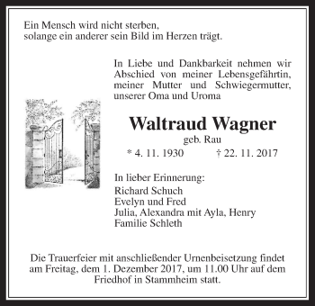 Traueranzeige von Waltraud Wagner von Wetterauer Zeitung, Wetterauer Zeitung