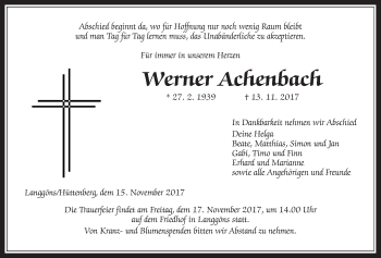 Traueranzeige von Werner Achenbach von Giessener Allgemeine, Alsfelder Allgemeine