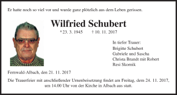 Traueranzeige von Wilfried Schubert von Giessener Allgemeine, Alsfelder Allgemeine