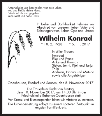Traueranzeige von Wilhelm Konrad von Giessener Allgemeine, Alsfelder Allgemeine