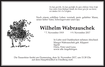 Traueranzeige von Wilhelm Wabrauschek von Wetterauer Zeitung, Wetterauer Zeitung