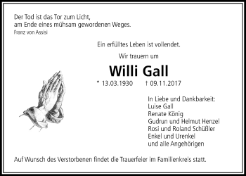Traueranzeige von Willi Gall von Licher Wochenblatt, Licher Wochenblatt, Licher Wochenblatt