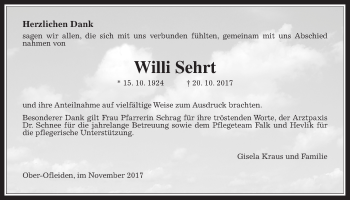 Traueranzeige von Willi Sehrt von Alsfelder Allgemeine