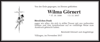 Traueranzeige von Wilma Görnert von Giessener Allgemeine, Alsfelder Allgemeine