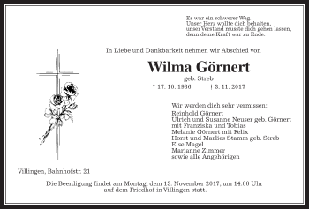 Traueranzeige von Wilma Görnert von Giessener Allgemeine, Alsfelder Allgemeine