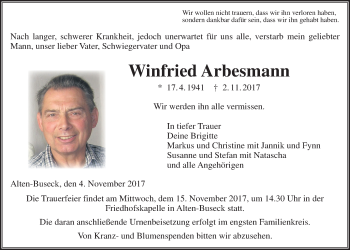Traueranzeige von Winfried Arbesmann von Giessener Allgemeine, Alsfelder Allgemeine