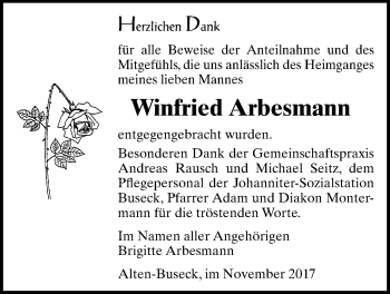Traueranzeige von Winfried Arbesmann von Giessener Allgemeine, Alsfelder Allgemeine