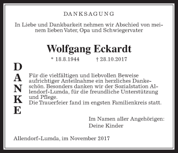 Traueranzeige von Wolfgang Eckardt von Allendorfer Mitteilungen