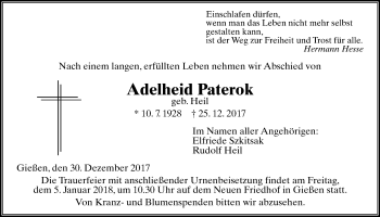 Traueranzeige von Adelheid Paterok von Giessener Allgemeine, Alsfelder Allgemeine
