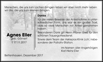 Traueranzeige von Agnes Eller von Licher Wochenblatt, Licher Wochenblatt, Licher Wochenblatt